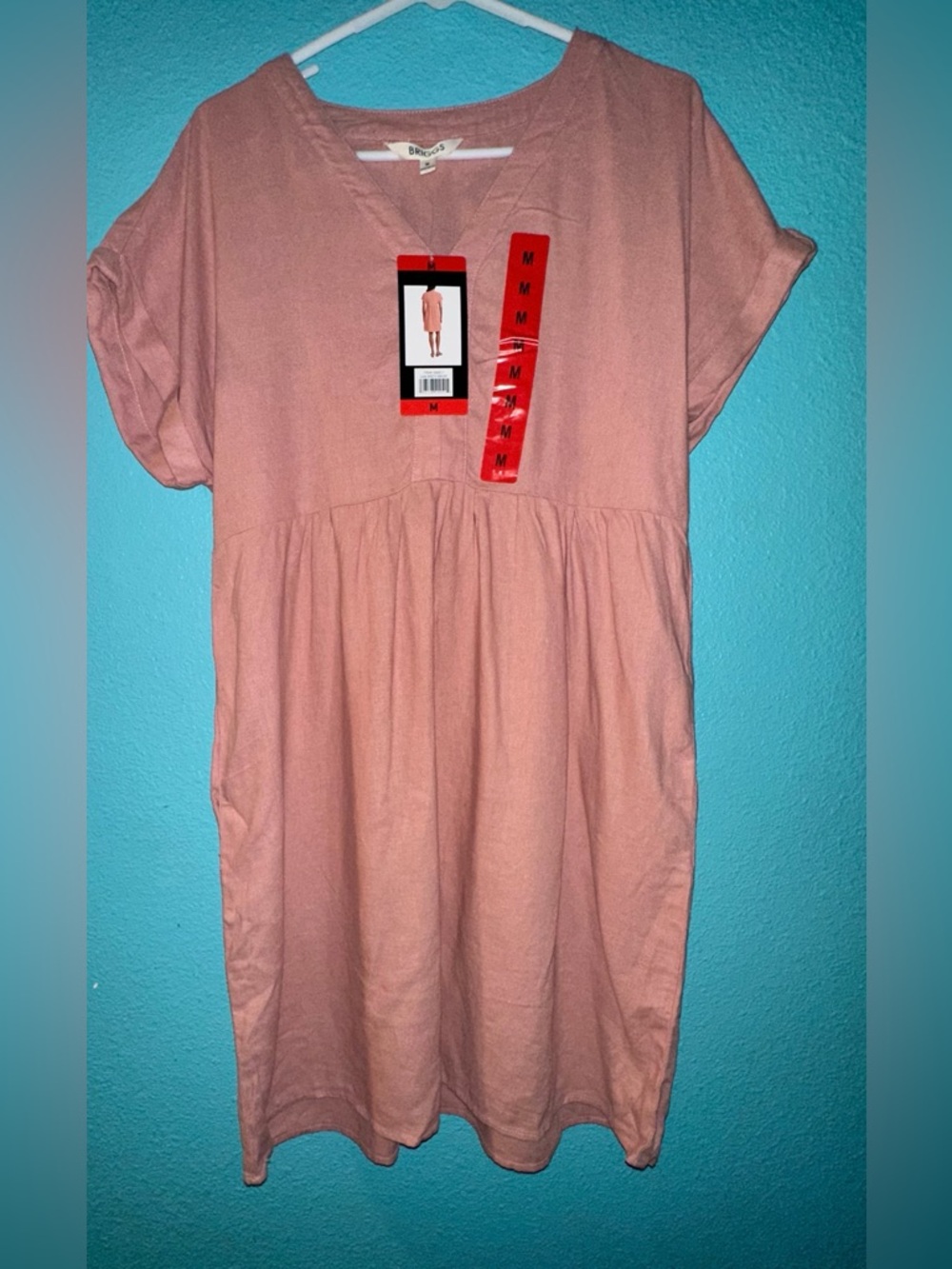 Briggs New York Blush Pink linen V-Neck Short Sleeve Babydoll Dress